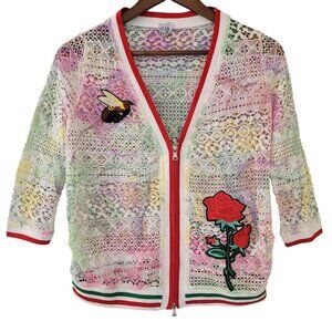 Zoe Zone of Embroidered Floral Bee Patch Lace Zip Cardigan Size M Cottagecore